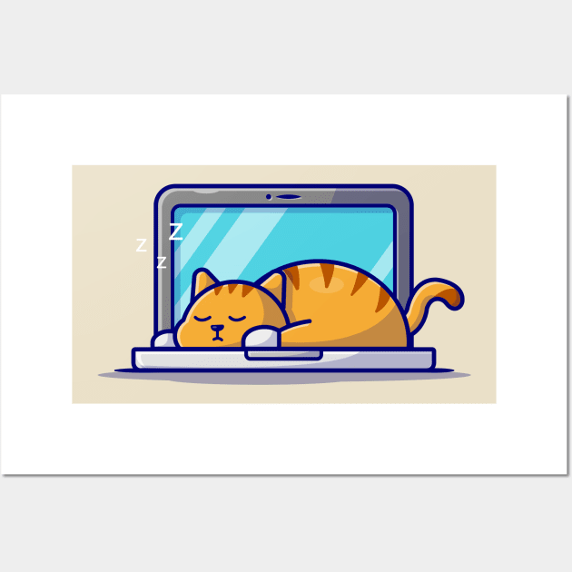 Cute Cat Sleeping On Laptop With Coffee Cup Cartoon Vector Icon Illustration (2) Wall Art by Catalyst Labs